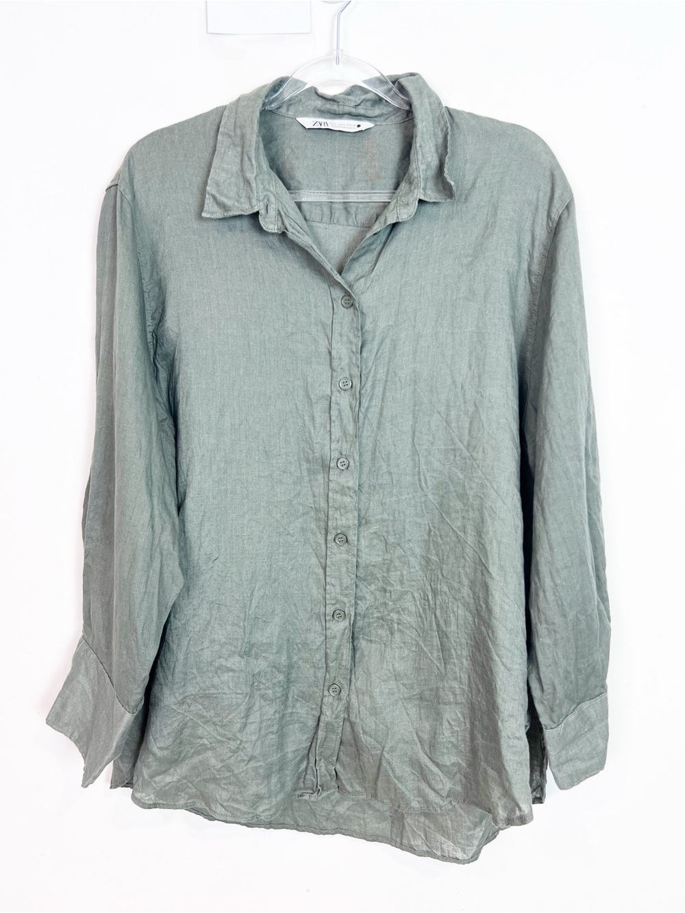 ZARA LINEN OLIVE GREEN BUTTON FRONT LONG SLEEVE BLOUSE SZ LARGE